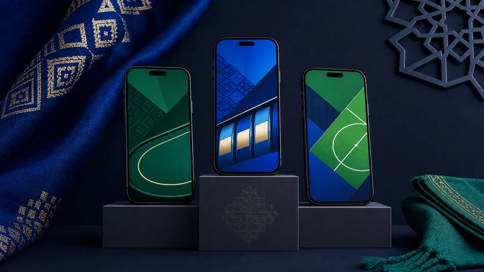 Three mobile gaming options arranged on a comparison podium