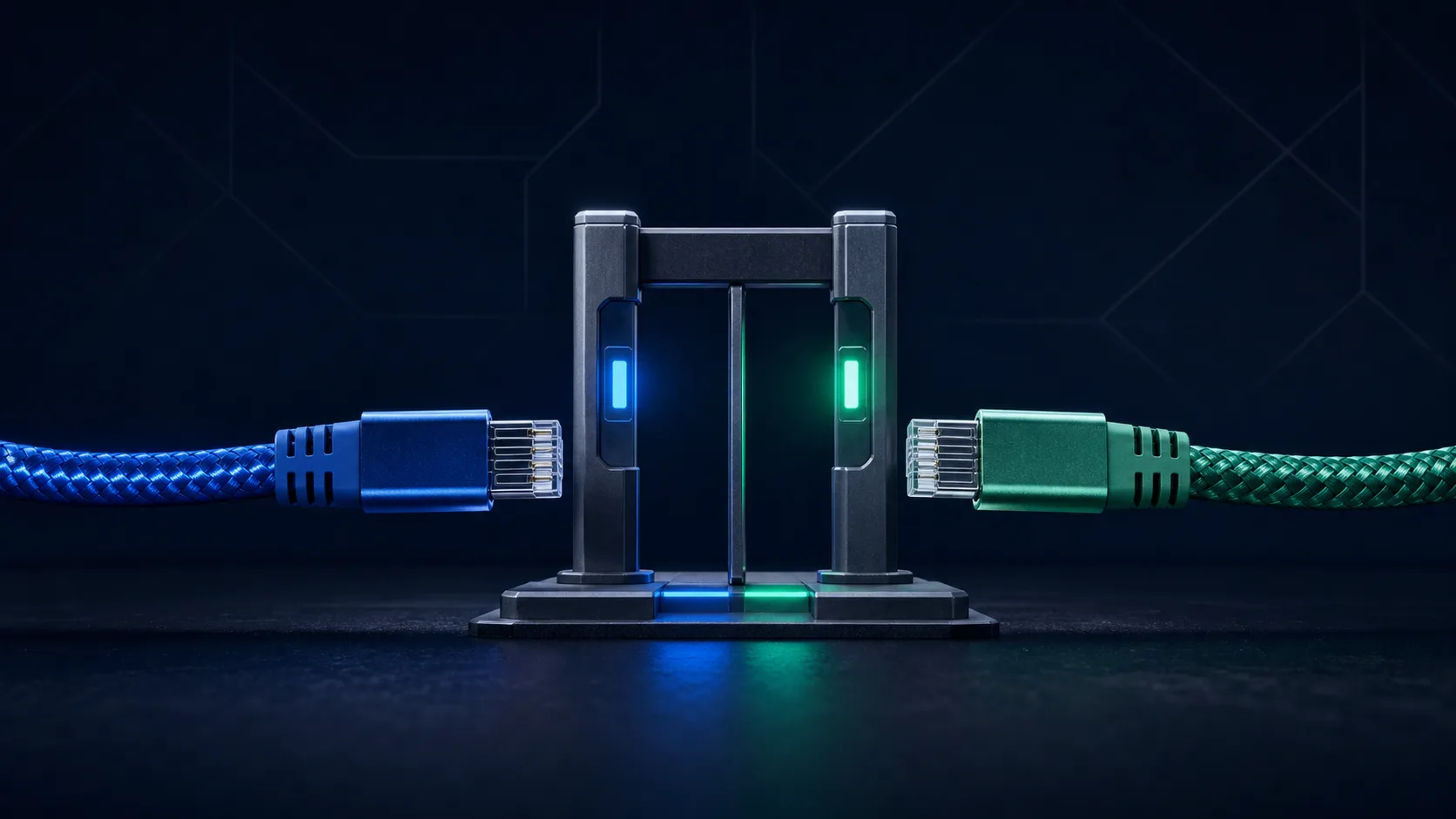Blue and green network cables stopped at a verification checkpoint before connection
